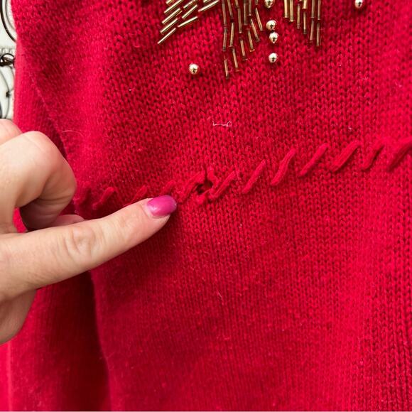 Vintage 90s August Max oversize VOLUP knit red holiday sweater beaded snowflakes - Picture 4 of 7